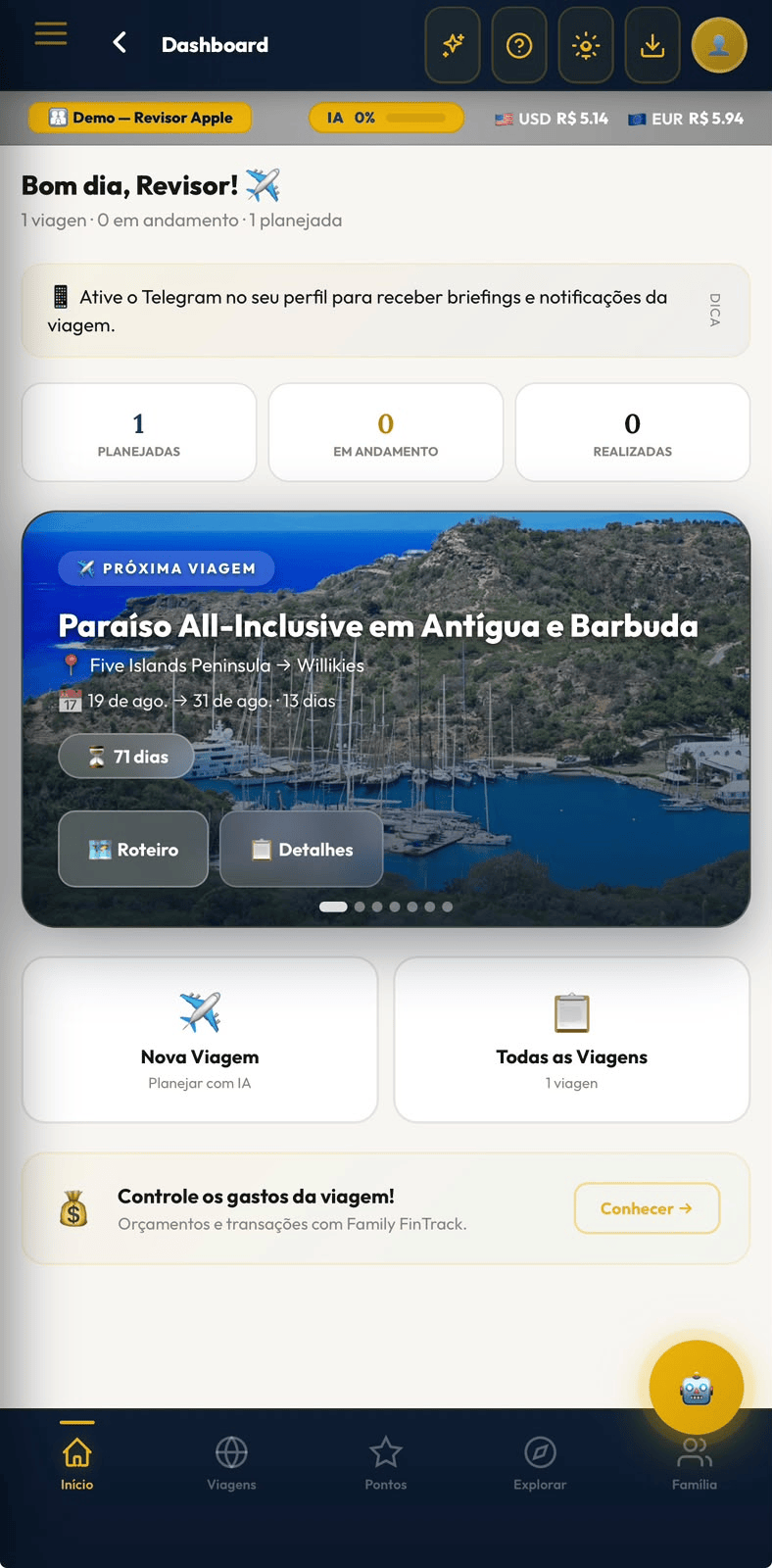 Tela inicial com a próxima viagem